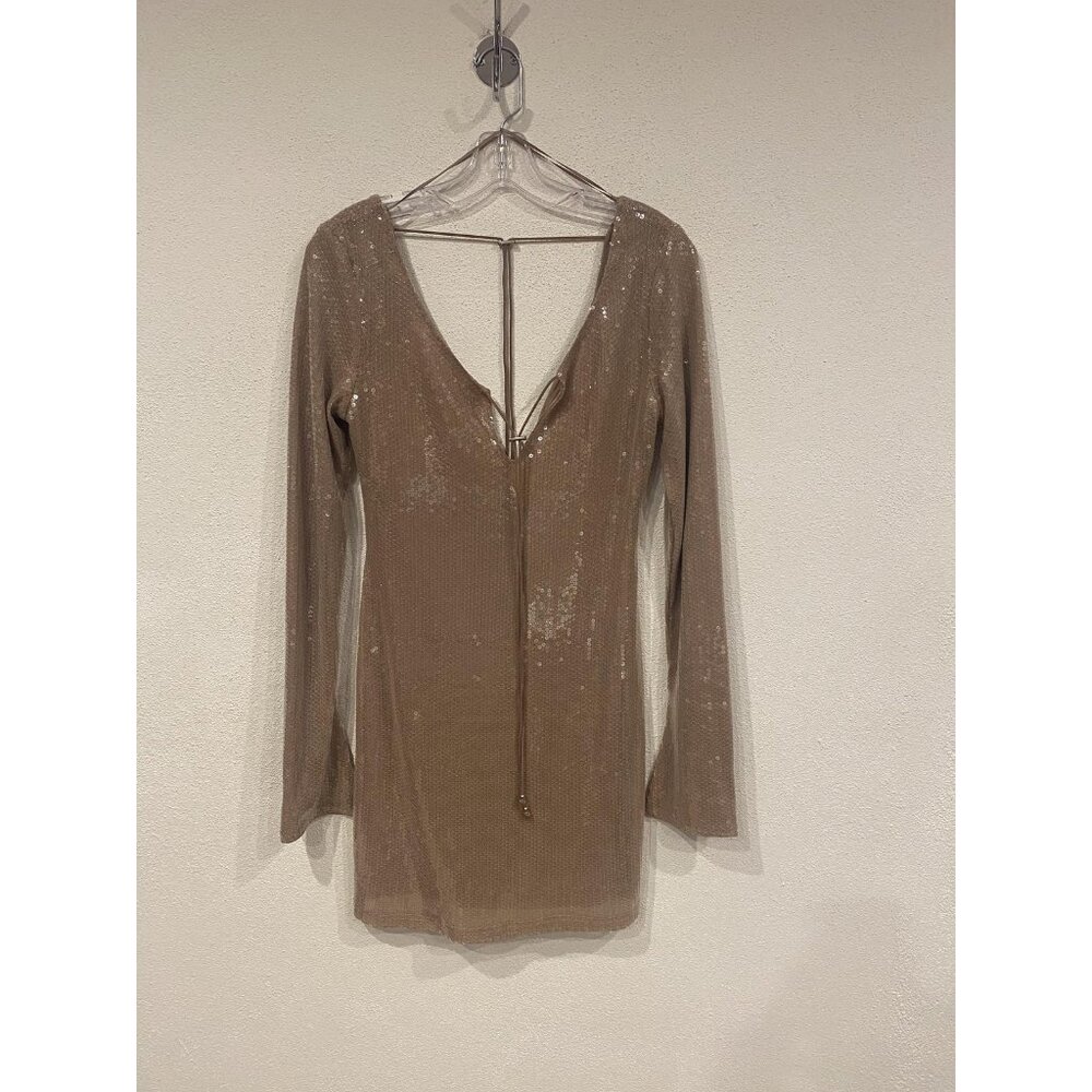 Blue B Collection Dress Womens Small Beige Sequin Long Sleeve Lace Up SL3428 - Picture 2 of 5